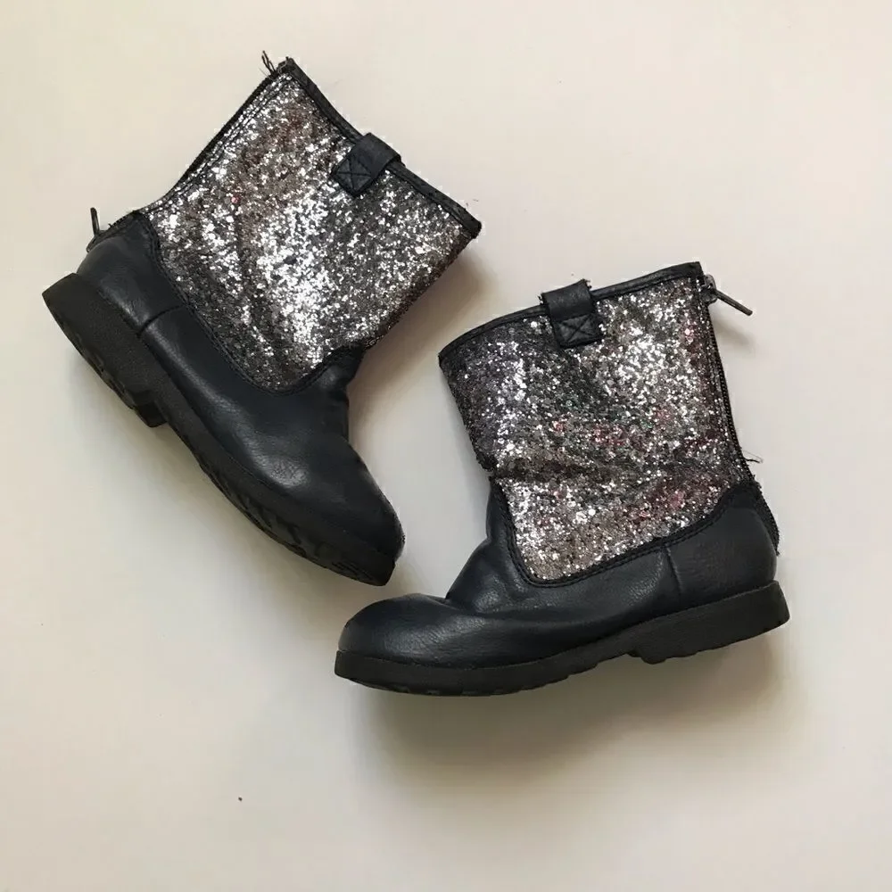 Glitter and blue leather little girl zipper boots